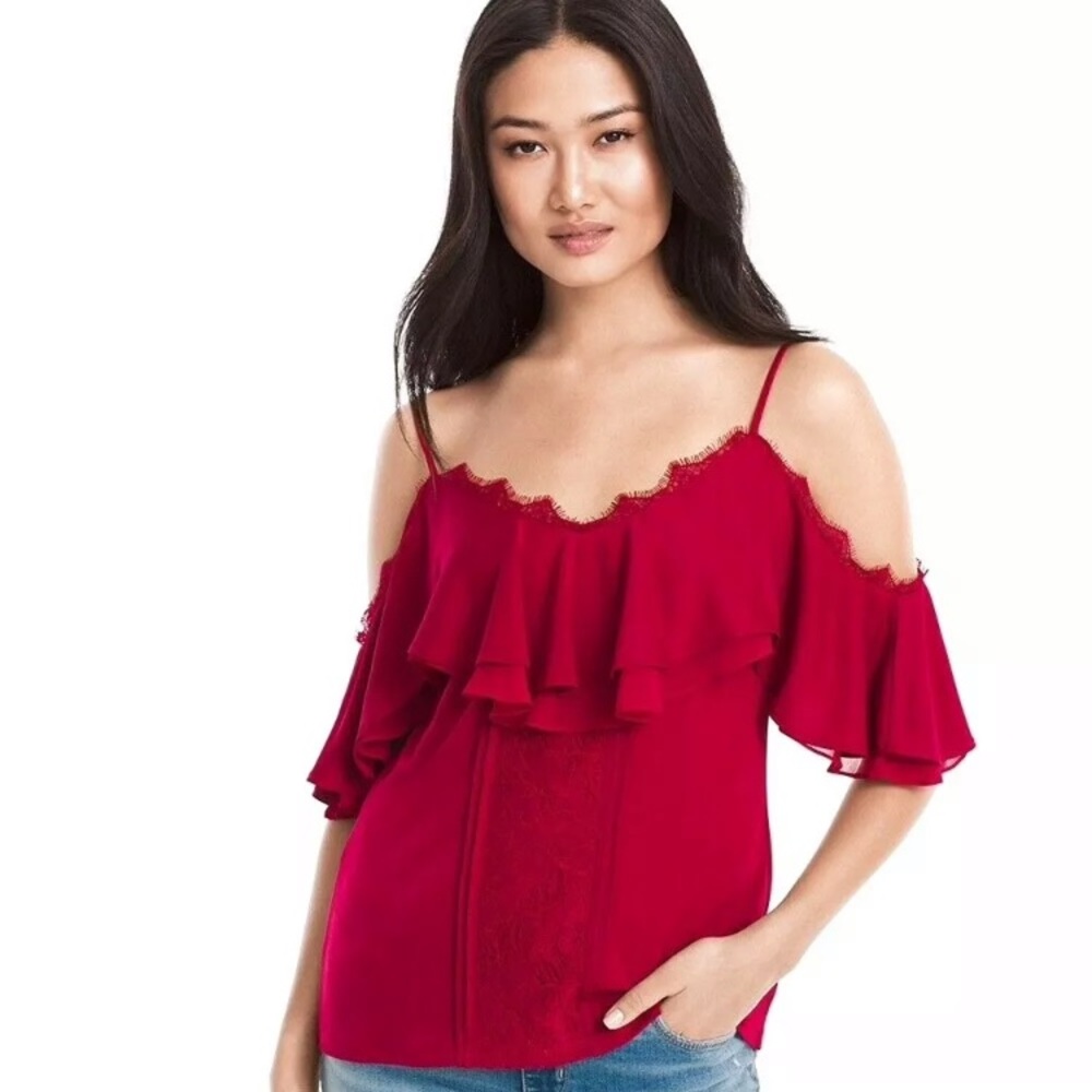 WHBM Red Lace detail flutter sleeve cold shoulder